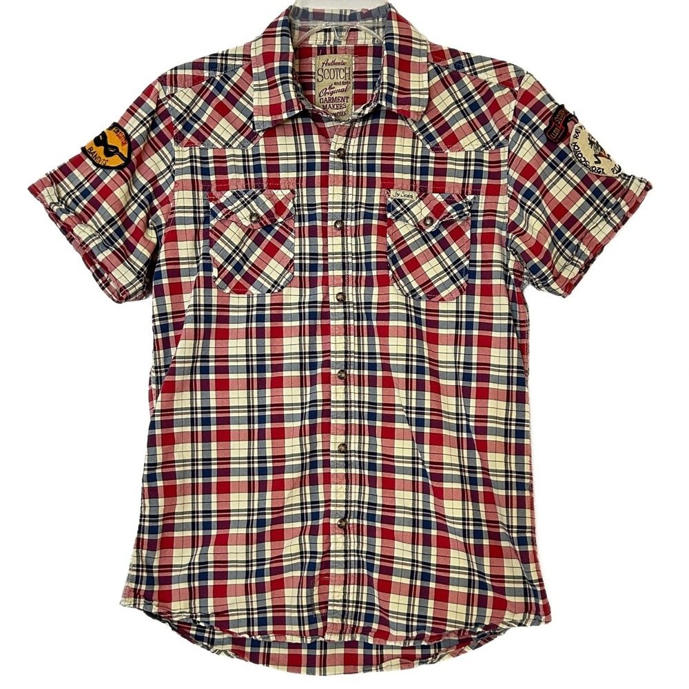 Scotch & Soda Mens Plaid Western Snap Shirt Short Sleeve Patches Red Blue Large
